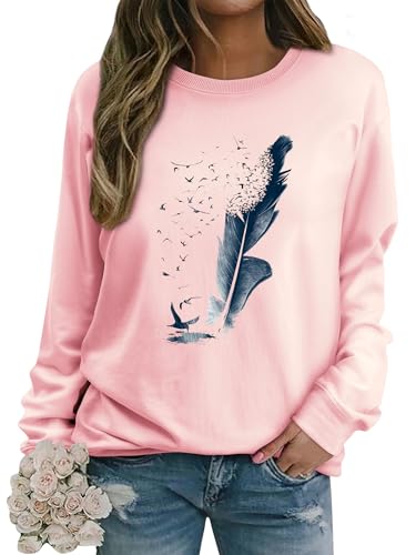 Dresswel Pullover Damen Feder Drucken Sweatshirt Langarmshirt Rundhals Langarm Shirts Herbst Winter Pulli Tops Oberteile Bluse(Grün,M) von Dresswel
