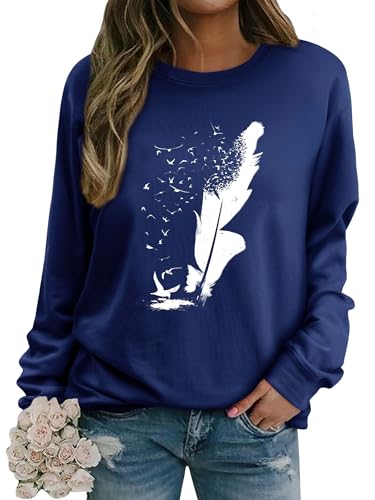 Dresswel Pullover Damen Feder Drucken Sweatshirt Langarmshirt Rundhals Langarm Shirts Herbst Winter Pulli Tops Oberteile Bluse(Rosy, M) von Dresswel