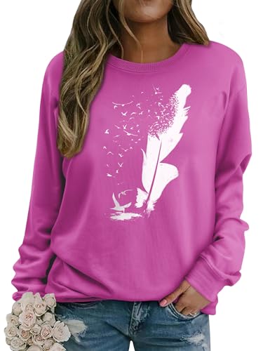 Dresswel Pullover Damen Feder Drucken Sweatshirt Langarmshirt Rundhals Langarm Shirts Herbst Winter Pulli Tops Oberteile Bluse(Rosy, S) von Dresswel