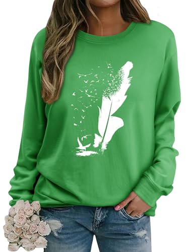 Dresswel Pullover Damen Feder Drucken Sweatshirt Langarmshirt Rundhals Langarm Shirts Herbst Winter Pulli Tops Oberteile Bluse(Teal, M) von Dresswel