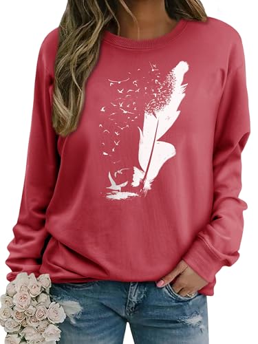 Dresswel Pullover Damen Feder Drucken Sweatshirt Langarmshirt Rundhals Langarm Shirts Herbst Winter Pulli Tops Oberteile Bluse(Wassermelonenrot,2XL) von Dresswel