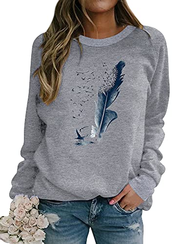 Dresswel Pullover Damen Feder Drucken Sweatshirt Langarmshirt Rundhals Langarm Shirts Herbst Winter Pulli Tops Oberteile Bluse von Dresswel