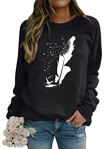 Dresswel Pullover Damen Feder Drucken Sweatshirt Langarmshirt Rundhals Langarm Shirts Herbst Winter Pulli Tops Oberteile Bluse(Schwarz,M) von Dresswel