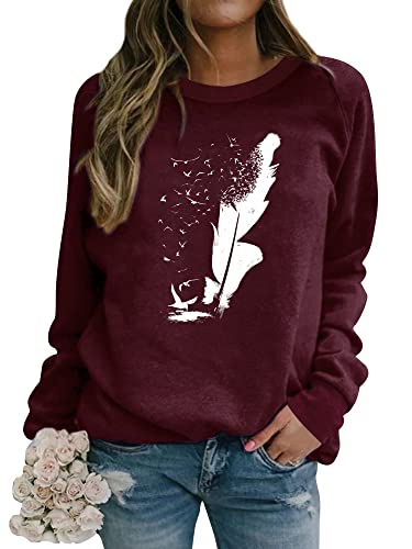 Dresswel Pullover Damen Feder Drucken Sweatshirt Langarmshirt Rundhals Langarm Shirts Herbst Winter Pulli Tops Oberteile Bluse(Weinrot,S) von Dresswel