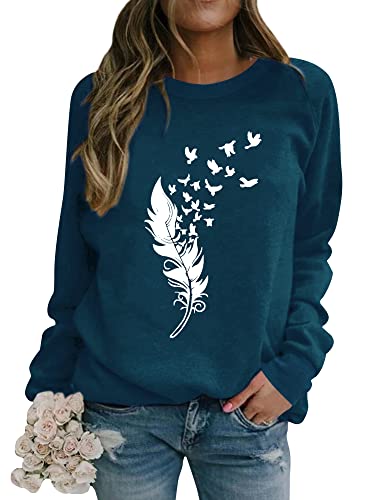 Dresswel Pullover Damen Feder Drucken Sweatshirt Langarmshirt Rundhals Langarm Shirts Herbst Winter Pulli Tops Oberteile Bluse von Dresswel