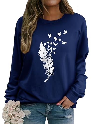 Dresswel Pullover Damen Feder Drucken Sweatshirt Langarmshirt Rundhals Langarm Shirts Herbst Winter Pulli Tops Oberteile Bluse(3-Blau, 2XL) von Dresswel