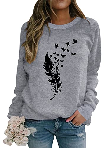 Dresswel Pullover Damen Feder Drucken Sweatshirt Langarmshirt Rundhals Langarm Shirts Herbst Winter Pulli Tops Oberteile Bluse von Dresswel