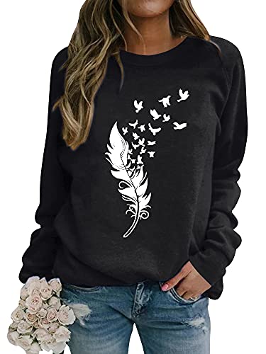 Dresswel Pullover Damen Feder Drucken Sweatshirt Langarmshirt Rundhals Langarm Shirts Herbst Winter Pulli Tops Oberteile Bluse von Dresswel