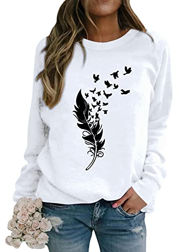 Dresswel Pullover Damen Feder Drucken Sweatshirt Langarmshirt Rundhals Langarm Shirts Herbst Winter Pulli Tops Oberteile Bluse(3-Weiß, S) von Dresswel