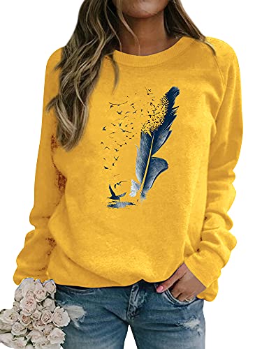 Dresswel Pullover Damen Feder Drucken Sweatshirt Langarmshirt Rundhals Langarm Shirts Herbst Winter Pulli Tops Oberteile Bluse(Gelb,M) von Dresswel