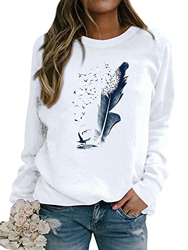 Dresswel Pullover Damen Feder Drucken Sweatshirt Langarmshirt Rundhals Langarm Shirts Herbst Winter Pulli Tops Oberteile Bluse(Weiß,S) von Dresswel
