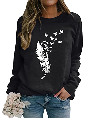 Dresswel Pullover Damen Feder Drucken Sweatshirt Langarmshirt Rundhals Langarm Shirts Herbst Winter Pulli Tops Oberteile Bluse(3-Schwarz, M) von Dresswel