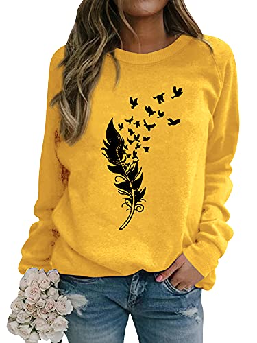 Dresswel Pullover Damen Feder Drucken Sweatshirt Langarmshirt Rundhals Langarm Shirts Herbst Winter Pulli Tops Oberteile Bluse von Dresswel