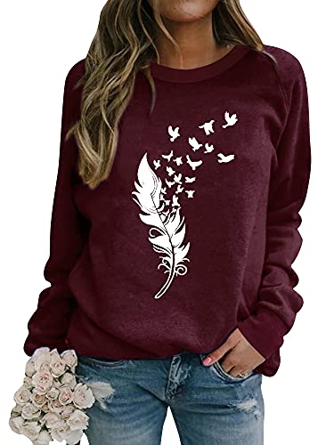 Dresswel Pullover Damen Feder Drucken Sweatshirt Langarmshirt Rundhals Langarm Shirts Herbst Winter Pulli Tops Oberteile Bluse(3-Weinrot, M) von Dresswel