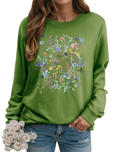 Dresswel Sweatshirt Damen Vintage Inspirierte Botanisches Blumen Druck Rundhals Langarmshirt Baumwolle Pullover Herbst Winter Langarm Oberteile Tops von Dresswel