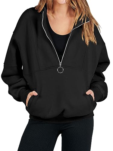 Dresswel Sweatshirt Damen Zip Up Basic Pullover mit halbem Reißverschluss Känguru Tasche Loose Einfarbig Langarmshirt Tops Oberteile für Herbst Winter von Dresswel