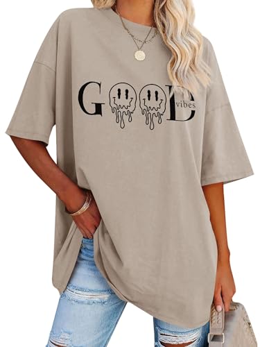 Dresswel Tshirt Damen Oversize Good Vibes Regenbogen T-Shirt Kurzarm Rundhals Oversized Tshirts Lose Sommer Tops Lang Oberteile Bluse für Frauen Teenager Mädchen von Dresswel