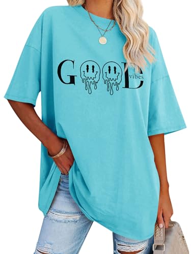 Dresswel Tshirt Damen Oversize Good Vibes Regenbogen T-Shirt Kurzarm Rundhals Oversized Tshirts Lose Sommer Tops Lang Oberteile Bluse für Frauen Teenager Mädchen von Dresswel