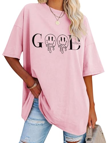 Dresswel Tshirt Damen Oversize Good Vibes Regenbogen T-Shirt Kurzarm Rundhals Oversized Tshirts Lose Sommer Tops Lang Oberteile Bluse für Frauen Teenager Mädchen von Dresswel