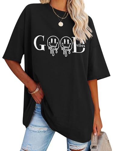 Dresswel Tshirt Damen Oversize Good Vibes Regenbogen T-Shirt Kurzarm Rundhals Oversized Tshirts Lose Sommer Tops Lang Oberteile Bluse für Frauen Teenager Mädchen von Dresswel