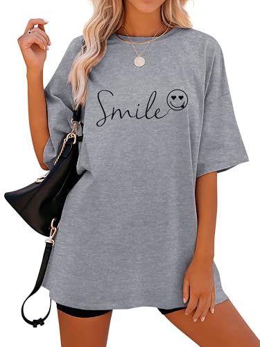 Dresswel Tshirt Damen Oversize Smile T-Shirt Kurzarm Rundhals Oversized Tshirts Lose Sommer Tops Lang Oberteile Bluse für Frauen Teenager Mädchen von Dresswel