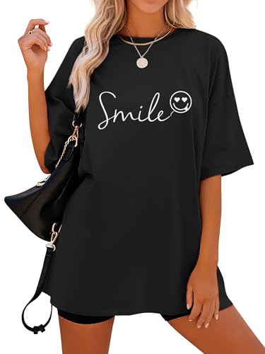 Dresswel Tshirt Damen Oversize Smile T-Shirt Kurzarm Rundhals Oversized Tshirts Lose Sommer Tops Lang Oberteile Bluse für Frauen Teenager Mädchen von Dresswel