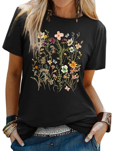 Dresswel Tshirt Damen Vintage Botanischer Blumen Gärtner T-Shirt Wildblumen Grafik Tees Rundhals Kurzarm Sommer Shirts Tops für Gartenliebhaber von Dresswel