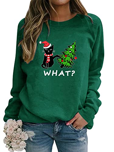 Dresswel Weihnachtspullover Damen Katzen Weihnachten Sweatshirt Lustige Druck Xmas Pullover Baumwolle Langarmshirt Christmas Oberteile von Dresswel