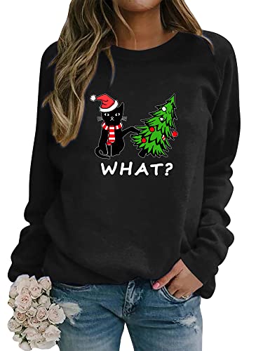 Dresswel Weihnachtspullover Damen Katzen Weihnachten Sweatshirt Lustige Druck Xmas Pullover Baumwolle Langarmshirt Christmas Oberteile von Dresswel