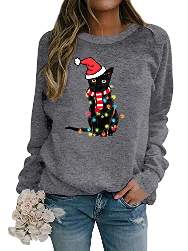 Dresswel Weihnachtspullover Damen Katzen Weihnachten Sweatshirt Lustige Druck Xmas Pullover Baumwolle Langarmshirt Christmas Oberteile von Dresswel