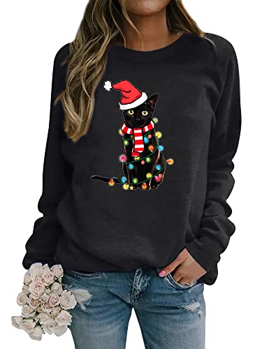 Dresswel Weihnachtspullover Damen Katzen Weihnachten Sweatshirt Lustige Druck Xmas Pullover Baumwolle Langarmshirt Christmas Oberteile von Dresswel