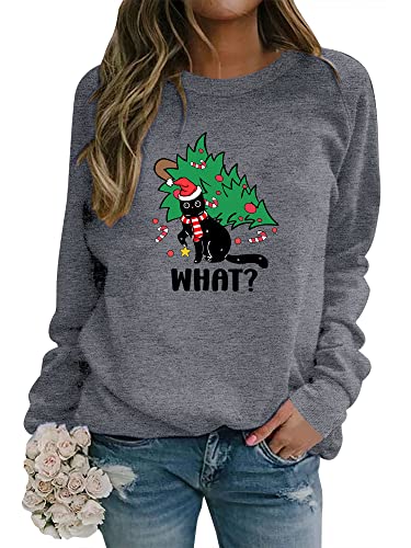 Dresswel Weihnachtspullover Damen Katzen Weihnachten Sweatshirt Lustige Druck Xmas Pullover Baumwolle Langarmshirt Christmas Oberteile von Dresswel