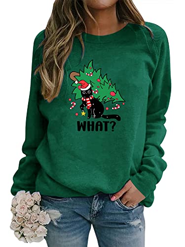 Dresswel Weihnachtspullover Damen Katzen Weihnachten Sweatshirt Lustige Druck Xmas Pullover Baumwolle Langarmshirt Christmas Oberteile von Dresswel