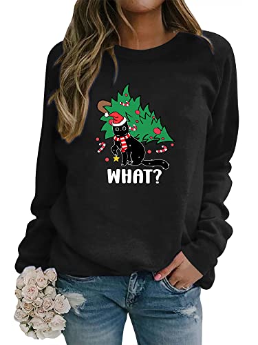 Dresswel Weihnachtspullover Damen Katzen Weihnachten Sweatshirt Lustige Druck Xmas Pullover Baumwolle Langarmshirt Christmas Oberteile von Dresswel