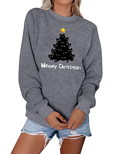 Dresswel Weihnachtspullover Damen Merry Catmas Weihnachten Sweatshirt Lustige Katzen Druck Xmas Pullover Baumwolle Langarmshirt Christmas Oberteile von Dresswel