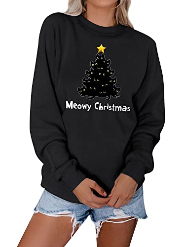 Dresswel Weihnachtspullover Damen Merry Catmas Weihnachten Sweatshirt Lustige Katzen Druck Xmas Pullover Baumwolle Langarmshirt Christmas Oberteile von Dresswel