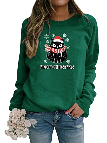 Dresswel Weihnachtspullover Damen Merry Catmas Weihnachten Sweatshirt Lustige Katzen Druck Xmas Pullover Baumwolle Langarmshirt Christmas Oberteile von Dresswel