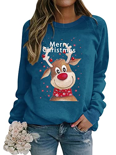 Dresswel Weihnachtspullover Damen Merry Christmas Sweatshirt Lustig Rudolph Rentier Druck Baumwolle Weihnachten Weihnachts Xmas Pullover Weihnachtspulli Teenager Mädchen von Dresswel