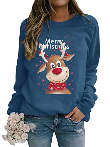 Dresswel Weihnachtspullover Damen Merry Christmas Sweatshirt Lustig Rudolph Rentier Druck Baumwolle Weihnachten Weihnachts Xmas Pullover Weihnachtspulli Teenager Mädchen von Dresswel