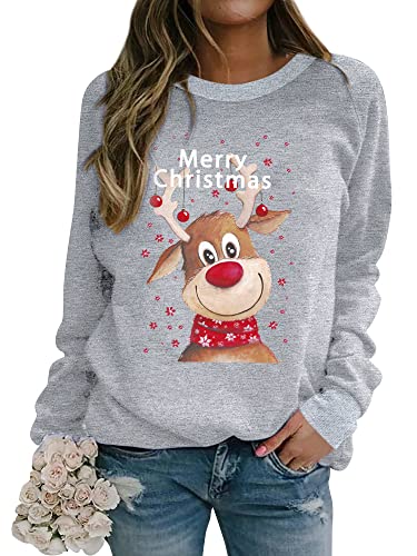 Dresswel Weihnachtspullover Damen Merry Christmas Sweatshirt Lustig Rudolph Rentier Druck Baumwolle Weihnachten Weihnachts Xmas Pullover Weihnachtspulli Teenager Mädchen von Dresswel