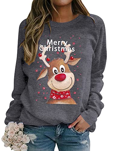 Dresswel Weihnachtspullover Damen Merry Christmas Sweatshirt Lustig Rudolph Rentier Druck Baumwolle Weihnachten Weihnachts Xmas Pullover Weihnachtspulli Teenager Mädchen von Dresswel