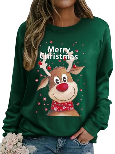 Dresswel Weihnachtspullover Damen Merry Christmas Sweatshirt Lustig Rudolph Rentier Druck Baumwolle Weihnachten Weihnachts Xmas Pullover Weihnachtspulli Teenager Mädchen von Dresswel
