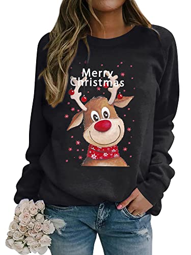 Dresswel Weihnachtspullover Damen Merry Christmas Sweatshirt Lustig Rudolph Rentier Druck Baumwolle Weihnachten Weihnachts Xmas Pullover Weihnachtspulli Teenager Mädchen von Dresswel