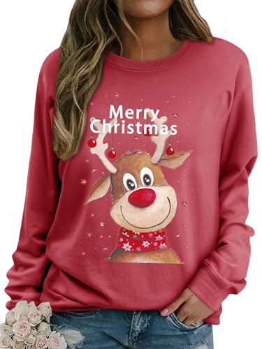 Dresswel Weihnachtspullover Damen Merry Christmas Sweatshirt Lustig Rudolph Rentier Druck Baumwolle Weihnachten Weihnachts Xmas Pullover Weihnachtspulli Teenager Mädchen von Dresswel