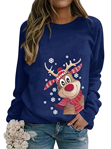 Dresswel Weihnachtspullover Damen Merry Christmas Sweatshirt Lustig Rudolph Rentier Druck Baumwolle Weihnachten Weihnachts Xmas Pullover Weihnachtspulli Teenager Mädchen von Dresswel