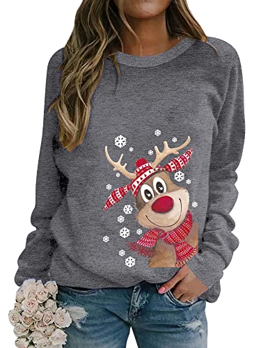 Dresswel Weihnachtspullover Damen Merry Christmas Sweatshirt Lustig Rudolph Rentier Druck Baumwolle Weihnachten Weihnachts Xmas Pullover Weihnachtspulli Teenager Mädchen von Dresswel