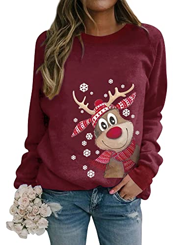 Dresswel Weihnachtspullover Damen Merry Christmas Sweatshirt Lustig Rudolph Rentier Druck Baumwolle Weihnachten Weihnachts Xmas Pullover Weihnachtspulli Teenager Mädchen von Dresswel