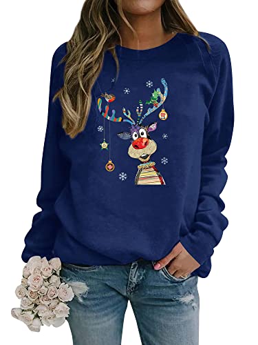 Dresswel Weihnachtspullover Damen Merry Christmas Sweatshirt Lustig Rudolph Rentier Druck Baumwolle Weihnachten Weihnachts Xmas Pullover Weihnachtspulli Teenager Mädchen von Dresswel