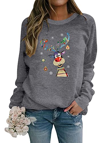 Dresswel Weihnachtspullover Damen Merry Christmas Sweatshirt Lustig Rudolph Rentier Druck Baumwolle Weihnachten Weihnachts Xmas Pullover Weihnachtspulli Teenager Mädchen von Dresswel