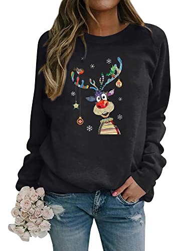 Dresswel Weihnachtspullover Damen Merry Christmas Sweatshirt Lustig Rudolph Rentier Druck Baumwolle Weihnachten Weihnachts Xmas Pullover Weihnachtspulli Teenager Mädchen von Dresswel